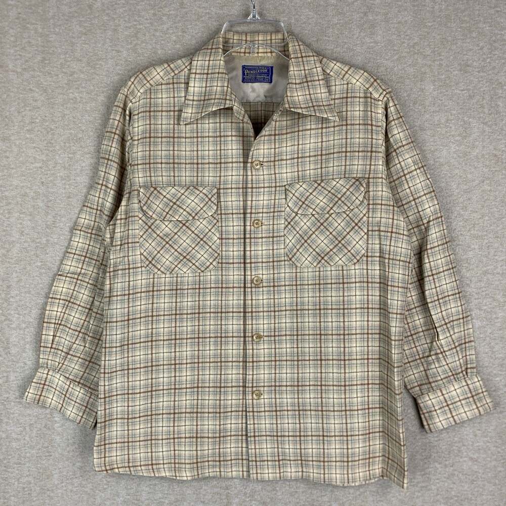 Vtg Pendleton Wool Board Shirt M USA Plaid Loop Collar Camp Flap Pocket